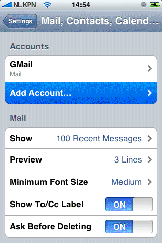 Mail, Contacts, Calendars settings