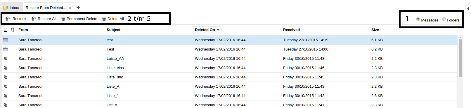 Restore items window